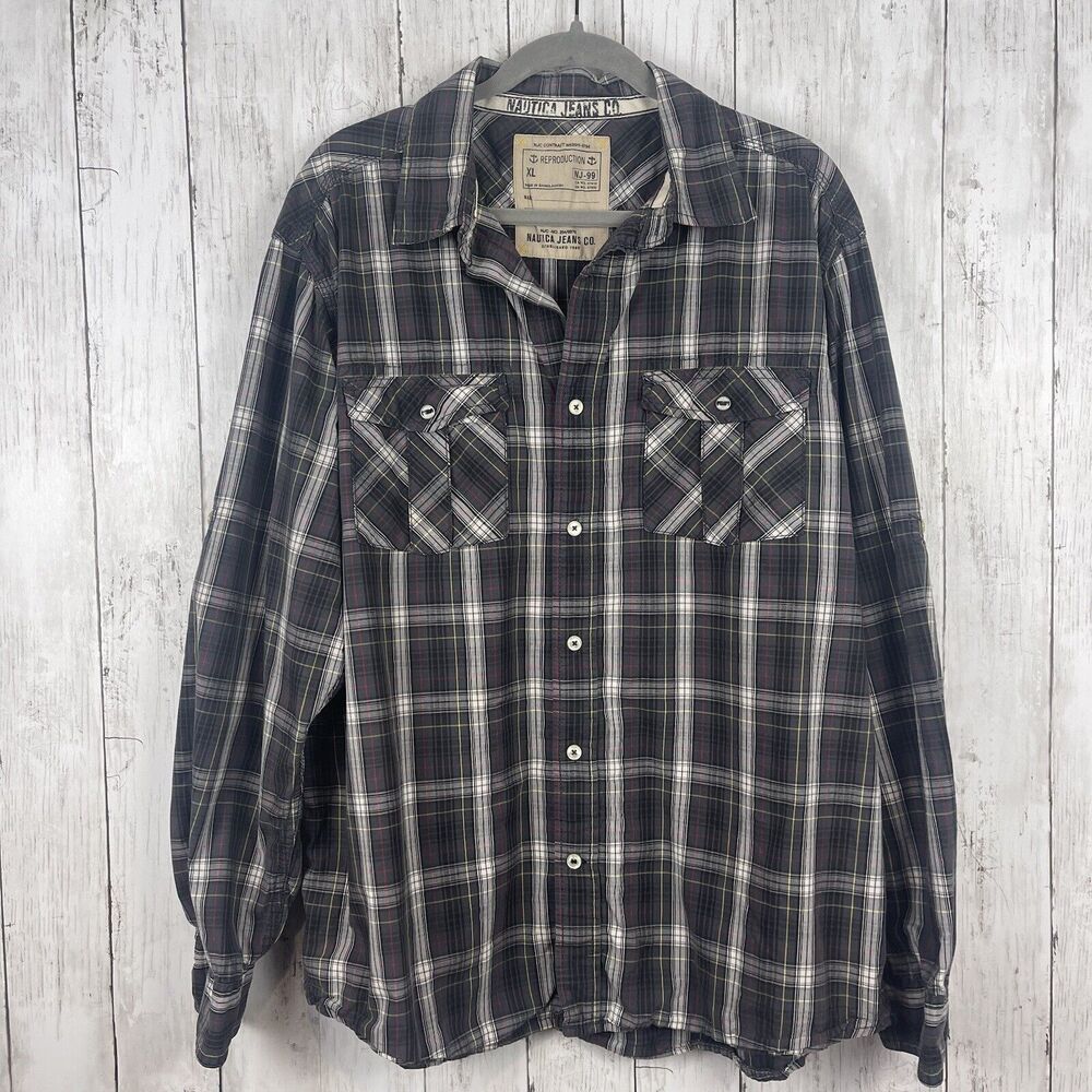 Nautica Jeans Co Button Up Shirt Men XL Multi Plaid Long Sleeve Western Ranch